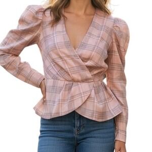 EXPRESS‎ Check Print Faux Wrap Front Peplum Hem Truffle Pink Top EUC XS